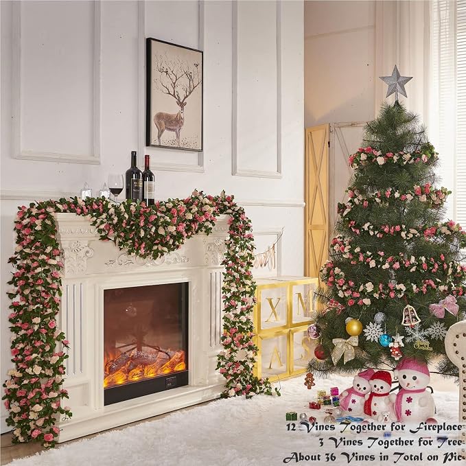 PONKING 6 Pcs x 8.2 ft Flower Garland Artificial Rose Vine Flowers with Green Leaves Hanging Fake Roses Vine for Room Party Home Wedding Birthday Christmas Wall Arch Decor, Champagne Flower