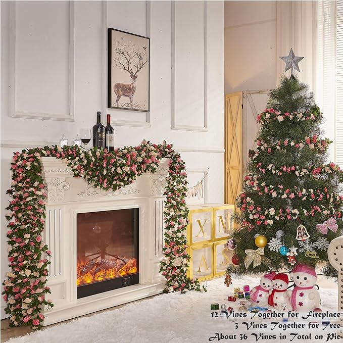 PONKING 8 Pcs x 8.2 ft Flower Garland Artificial Rose Vine Flowers with Green Leaves Hanging Fake Roses Vine for Room Party Home Wedding Birthday Christmas Wall Arch Decor, Champagne Flower