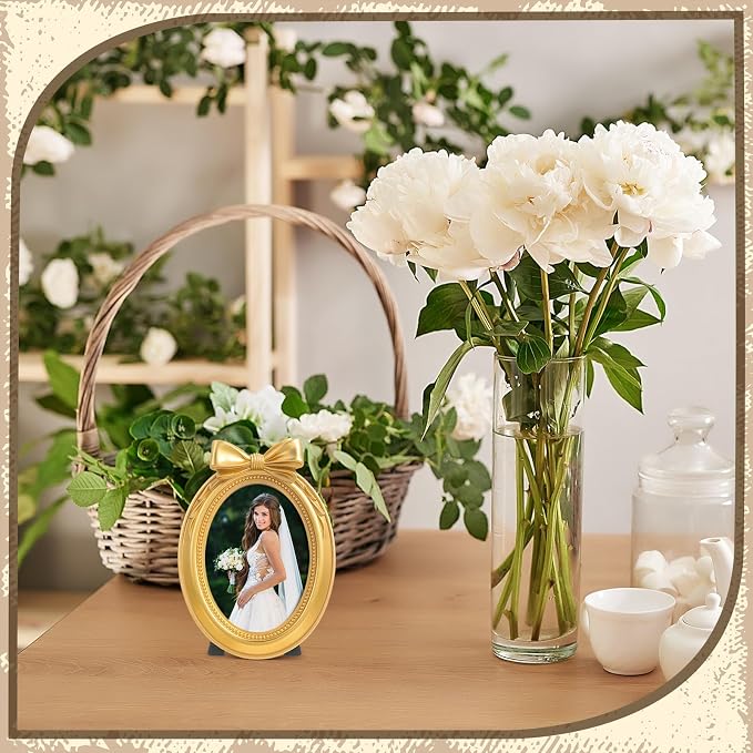 Vicenpal 3 Pcs Mini Gold Vintage Picture Frames, Resin Baroque Photo Frame with Glass and Stand, Small Antique Oval Frames for Wedding Anniversary Home Table Wall Decor, 2.5 x 3.5 Inch