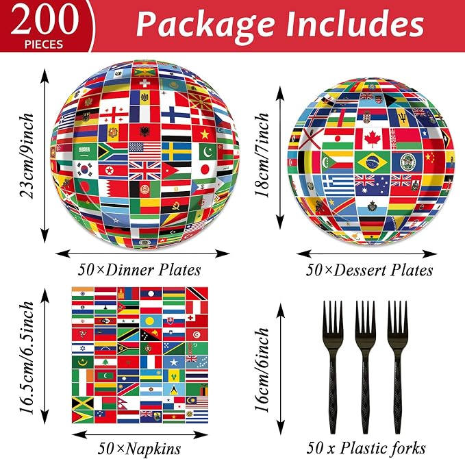 50 Guests International World Flags Party Supplies Decor Around The World Plates and Napkins Forks Travel Trip International Flags Tableware Country Paper Plates for Birthday Baby Shower Party 200PCS
