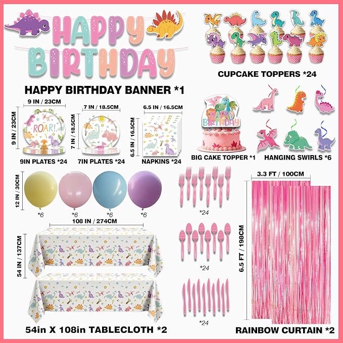 266PCS Dinosaur Party Birthday Decorations - Party Supplies Included Foil Fringe, Banner, Tablecloth, Hanging Swirls, Cupcake Toppers, Tableware, Paper Towel, Latex Balloons (Dinosaur-1)