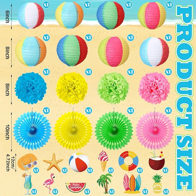 Crtiin 28 Pcs Beach Party Decorations Paper Lanterns Pom Poms Fans Spiral Cardboard Hanging Ornaments Hawaiian Tropical Themed Decor for Summer Pool Beach Birthday Party Supplies