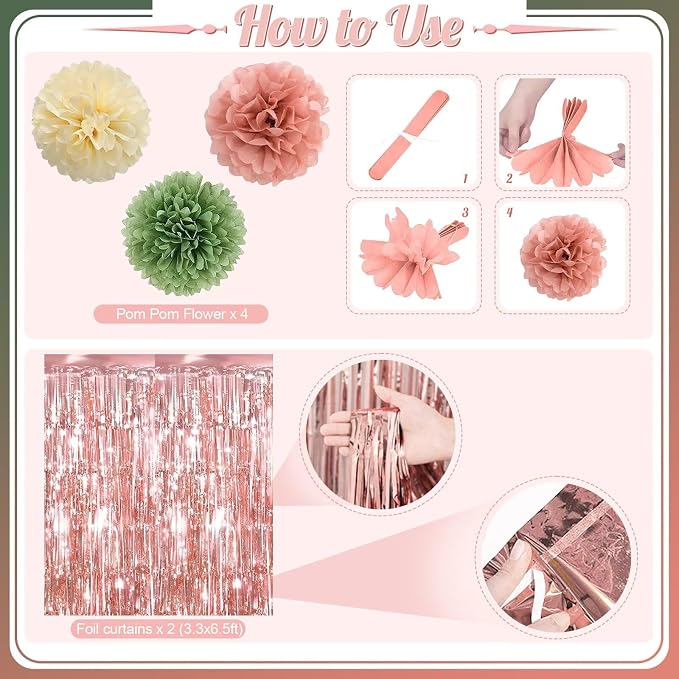 Rose Gold and Sage Green Birthday Decorations, Retro Avocado Green Party Décor with Foil & Latex Balloons Sash Fringe Curtains Happy Birthday Banner Cake Topper Paper Pompoms Decor for Women Girl
