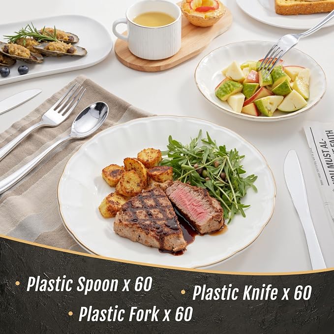 WDF 180 Pieces Silver Plastic Silverware - Silver Plastic Cutlery - Fancy Plastic Silverware Heavy Duty - 60 Forks 60 Knives 60 Spoons - Disposable Plastic Utensils Perfect for Party Wedding