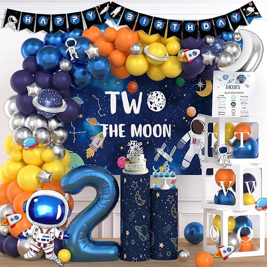 Two the Moon Birthday Boy – 130 PCs Outer Space Second Birthday Party Supplies with Backdrop, Cake Topper, Astronaut Space Man Robot Foil Balloon, Balloon Boxes, Balloon Garland, Banner