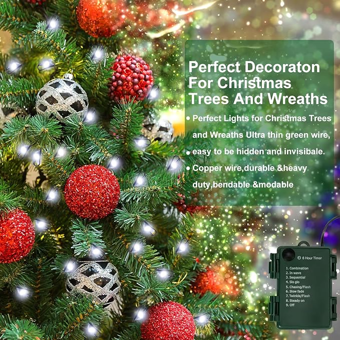 FairyGlim Christmas Lights, 20ft 200 LED Battery Operated String Lights with Auto Timer & 8 Modes, Green Wire Outdoor Waterproof Fairy String Lights for Christmas Tress Wreath Decor, Cool White
