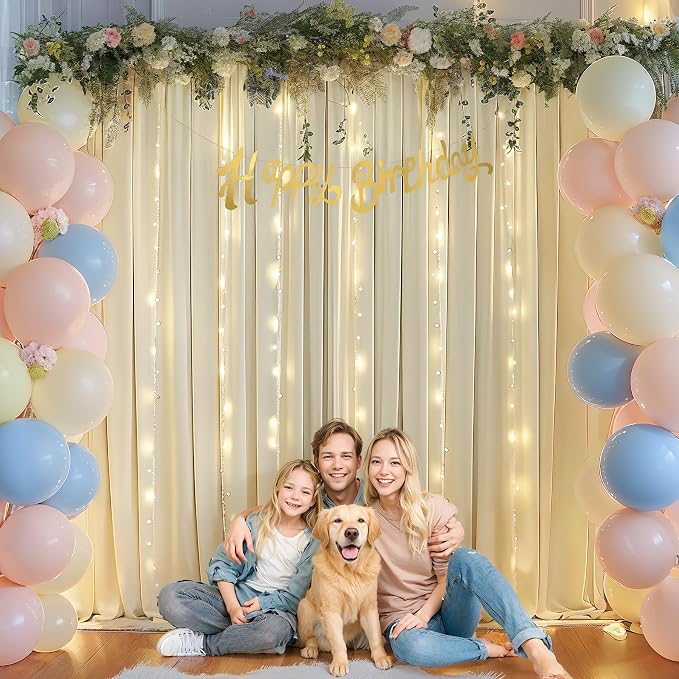 20x10FT Beige Backdrop Curtains with Lights for Parties,Wrinkle Free Wedding Photo Backdrop Curtains for Baby Shower Birthday Ceremony Reception Home Party Decorations-5ft x 10ft,4 Panels