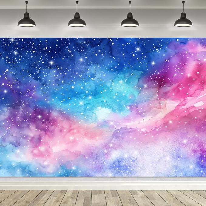 Starry Sky Backdrop Outer Space Galaxy Fantasy Universe Planet Night Star Watercolor Mysterious Pink Purple Photography Background Decoration for Kids Birthday Fabric Photo Shoot Studio Props