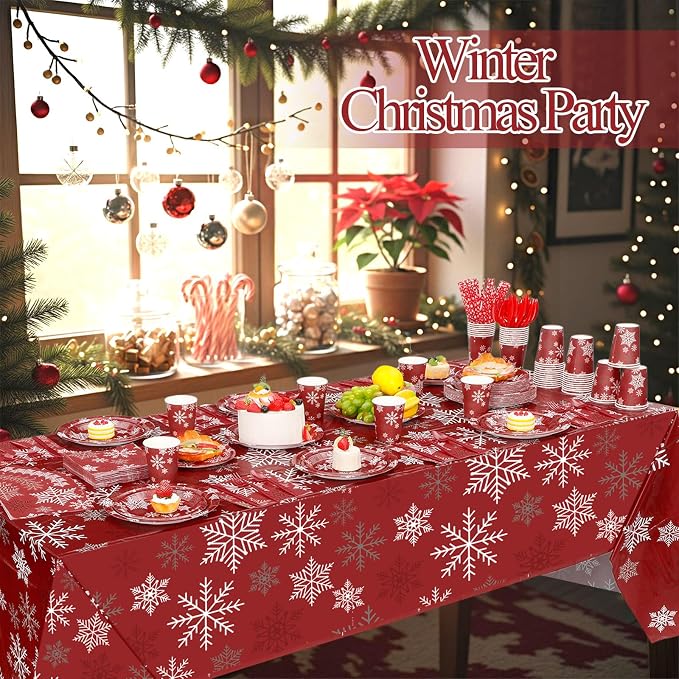 Funnymoom 452 Pcs Christmas Snowflake Party Supplies for 50 Guests, Red White and Sliver Snowflake Paper Plates and Napkins Cups Tablecloth Cutlery Straws for Winter Xmas Birthday Party Decoration