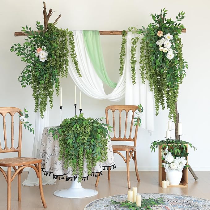 mizii 6Pcs Green Wisteria Hanging Flowers 48" Silk Wisteria Artificial Flowers Garland Vines Fake Hanging Flowers Decoration for Wedding Flower Wall Backdrop Centerpieces Party Room Decor (Green)