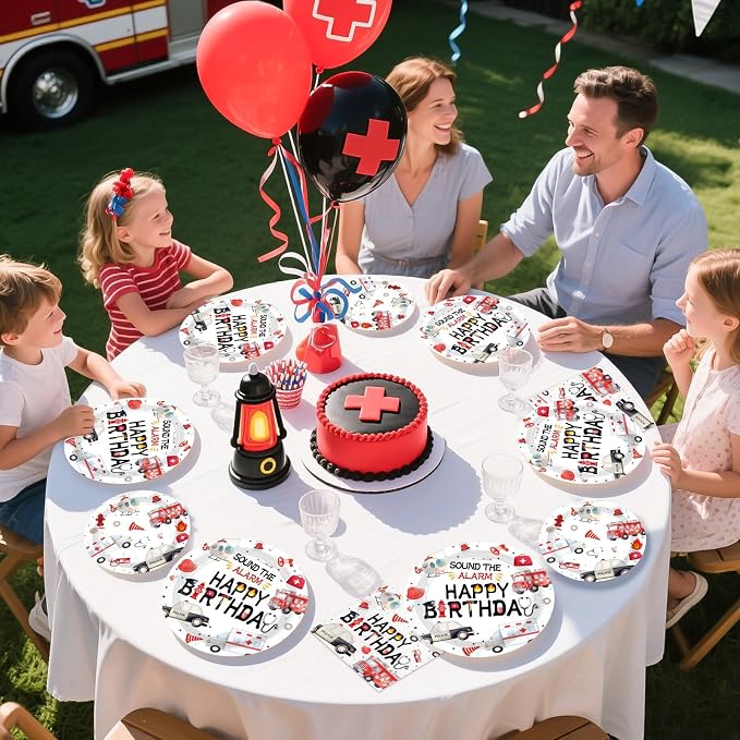 Grencian 96pcs Emergency Vehicle Birthday Party Decorations First Responder Fire Truck Plates and Napkins Ambulance Police Car Tableware for Boys Girls Emergency Vehicle Birthday Party Decorations