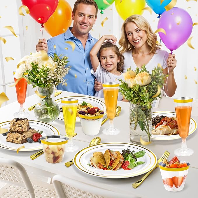 150PCS Gold Plastic Plates Set for 25 Guests, Disposable Dinnerware Set of 25 Small Dessert Plates 7.5", Cups 9" ,Champagne Flutes Cups 5", Spoons, Forks, Knives for Birthday Wedding & Party Supplies