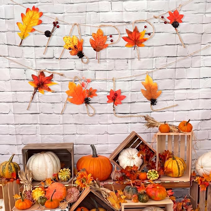Norme 2 Pcs Happy Fall Party Decorations Happy Fall Maple Leaves Banner with Hemp Rope Metal 3D Wrought Iron Autumn Garland Rustic Thanksgiving Hanging Sign for Home Porch Fireplace Decor Supplies