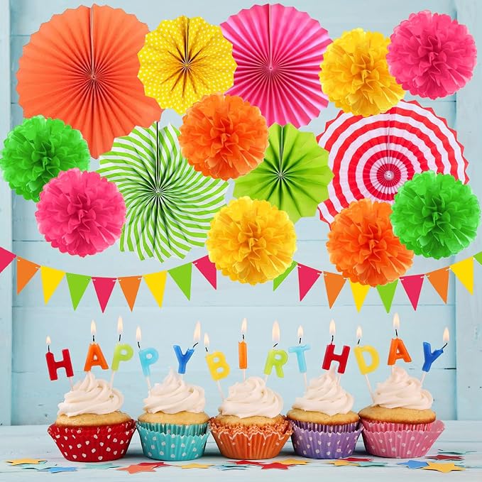 Hawaiian Luau Party Decorations Set Neon Colored Party Hanging Paper Fan Birthday Tissue Pom Poms Streamers Summer Party Supplies Tassel Garland Banner