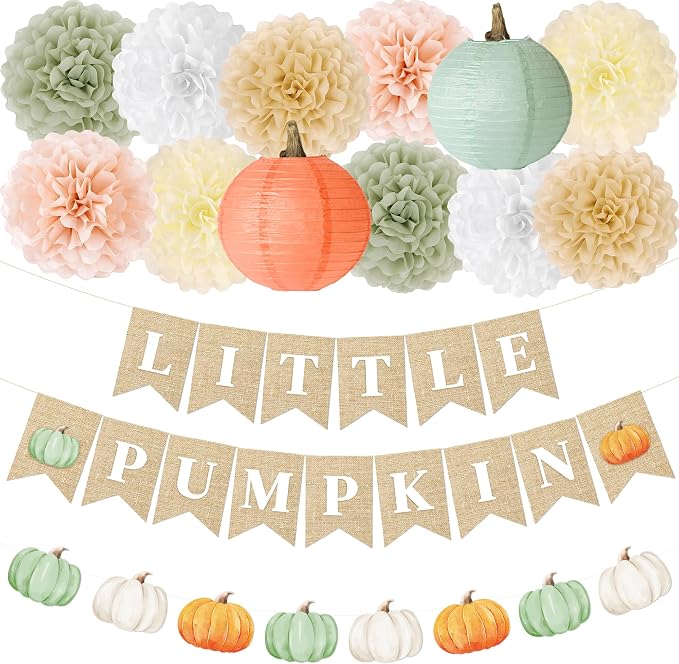Kriyokiaa Little Pumpkin Baby Shower Decorations 15 Pcs Fall Baby Shower Decorations with Little Pumpkin Banner, Paper Pom Poms, Paper Lantern Perfect for He or She Reveal Party