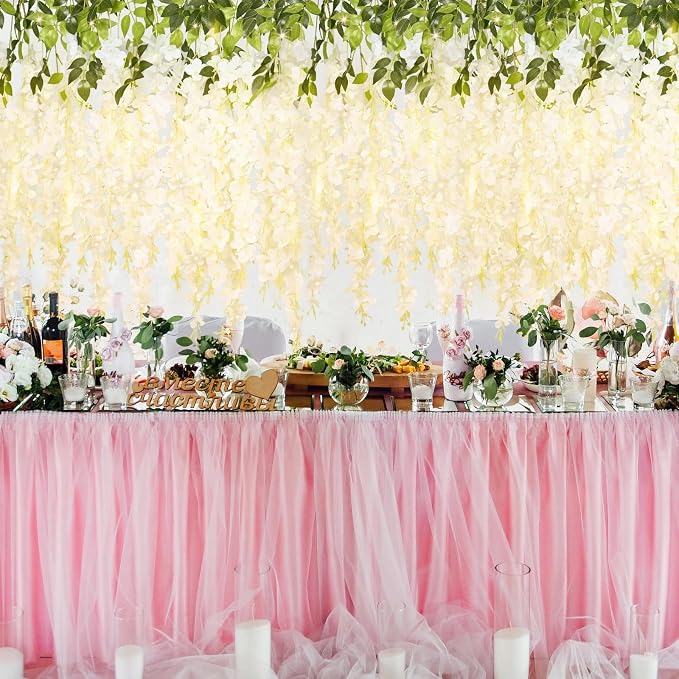 24Pcs Artificial Wisteria Hanging Flowers with Lights, 3.6Ft/Pcs White Fake Wisteria Garland for Wedding Party Home Garden Indoor Outdoor Decoration