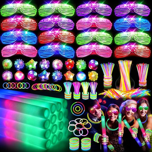 OLUPP 150 PCS Glow in the Dark Party Supplies, 16 Foam Sticks, 16 LED Glasses, 100 Glow Sticks and 18 Finger Lights for Neon Party, Wedding, Birthday, Concert, New Year, Carnivals, Raves