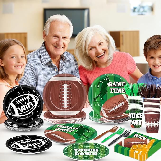 250 Pcs Football Birthday Party Decorations Football Disposable Party Tableware Sets Including Plates Cups Napkins Rugby Sports Games Dinnerware for Sports Birthday Parties Decor Supplies Serves 50