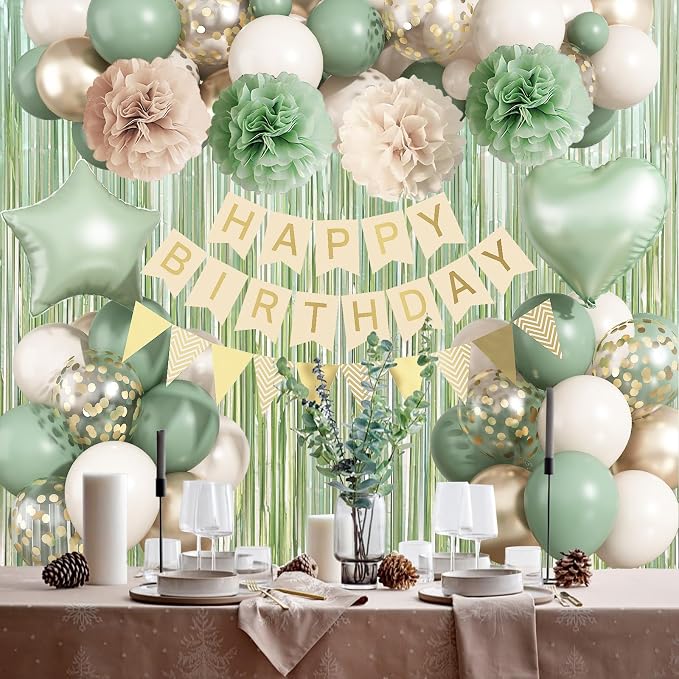 Sage Green Birthday Decorations, Neutral Green Gold Nude Party Décor with Foil & Latex Balloons Sash Fringe Curtains Happy Birthday Banner Cake Topper Paper Pompoms Party Decor for Women Girl