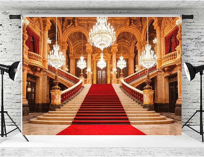 10 x 6 ft Luxurious Palace Backdrop European Golden Hall Red Carpet Interior Chandelier Staircase Photography Background Old Church Castle Wedding Bridal Shower Anniversary Party Decor Banner