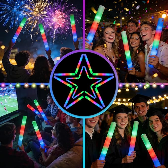 SHQDD 125PCS Foam Glow Sticks Bulk, Light up in the Dark Party Supplies with 3 Colorful Flashing Modes, Glow Party Pack for Wedding, Birthday, Concert, New Year, Halloween, Christmas,Carnival