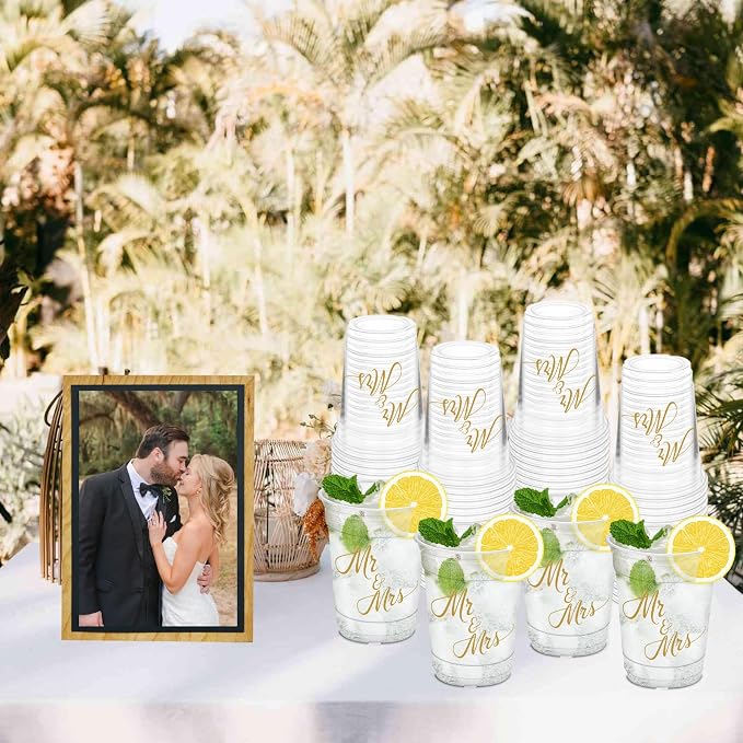 50Pcs Mr and Mrs Cups, 12oz Wedding Plastic Cups for Home Kitchen Decorations Wedding Reception Supplies Birthday Party Favors