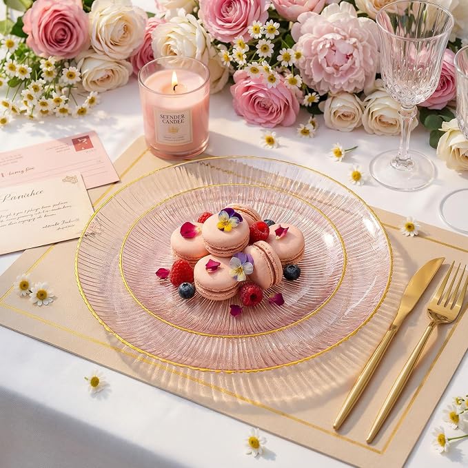 DaYammi 60Pcs Pink Plastic Plates with Gold Rimmed - Pink Disposable Plates Set Including 30pcs Dinner Plates,30pcs Dessert Plates with Radial Texture for Party & Wedding Bridal Shower