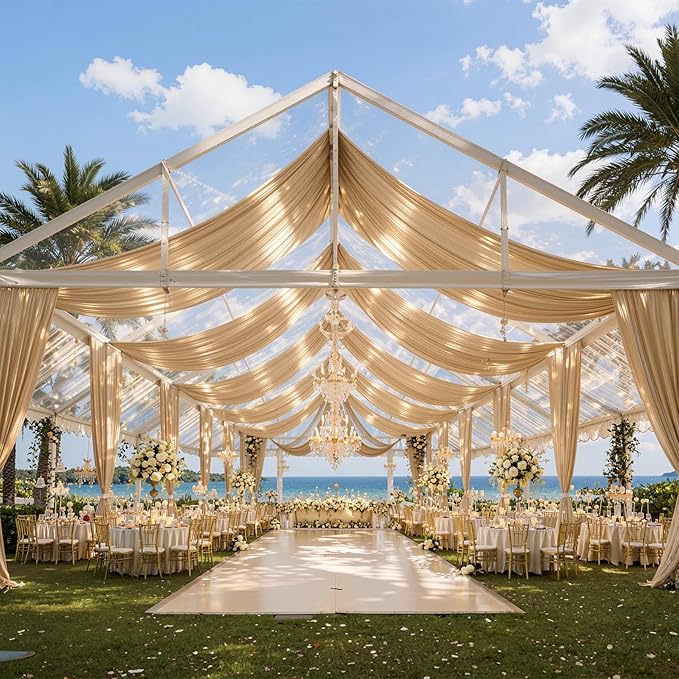 50ftx40ft Champagne Gold Ceiling Curtain for Wedding Parties – 10 Panels Wrinkle-Free 40 FT Long Tent Draping Curtains for Wedding, Birthday & Theme Parties, 40ft Height with Rod Pocket