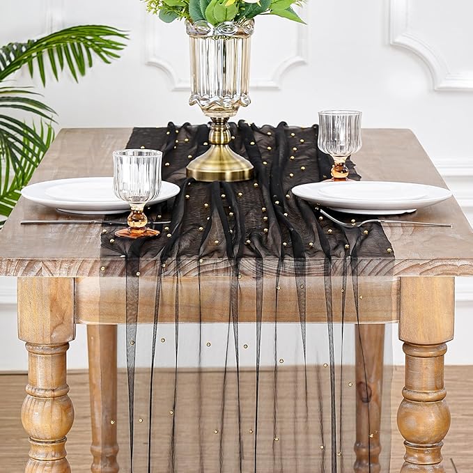 Gauze Tulle Table Runner Pearl Fabrics: Sheer Veil Dessert Chiffon Pearl Lace Boho 6 Packs Overlay Wedding Aisle Runner Party Decorations Doilies Black