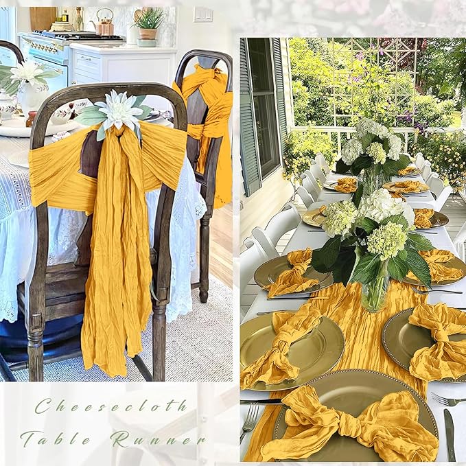 12 Pack Gold Cheesecloth Table Runner 17 x 108 Inch Gauze Table Runner Fabric Semi Sheer Cheese Cloth Table Decor Bulk for Rustic Romantic Wedding Baby Shower Table Decoration