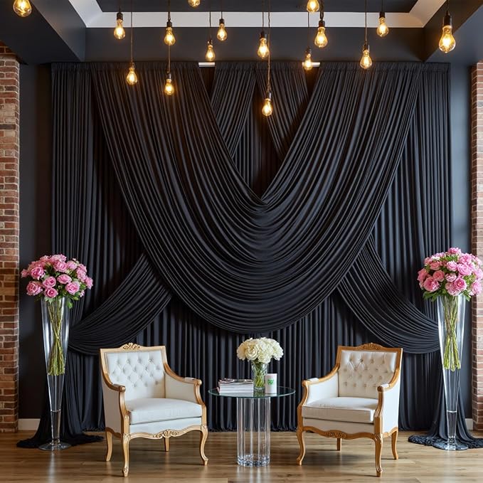 50ft x 10ft Wrinkle Free Black Backdrop Curtain for Parties, 10 Panels Silky Polyester Black Weddings Drapes for Backdrop 10 ft Photo Back Drop Cloth for Birthday Graduation Photography Background