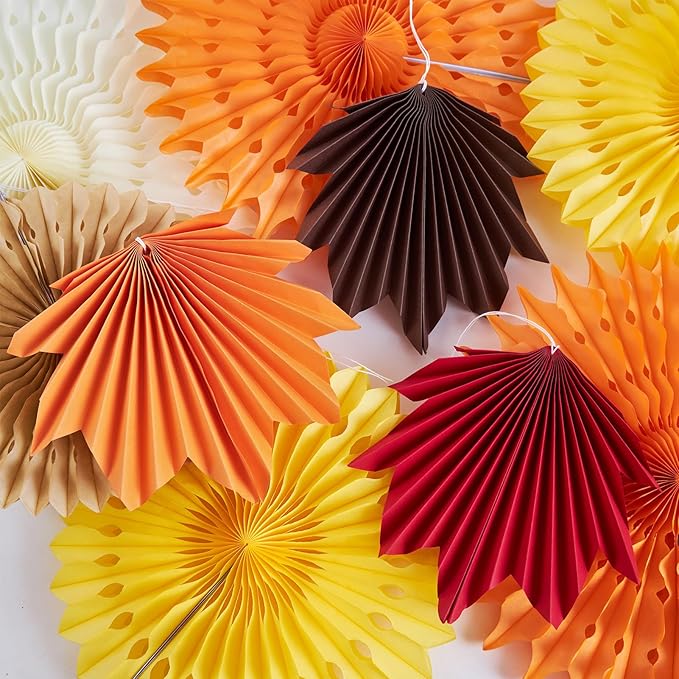 12 PCS Fall Party Decorations Maple Leaves Paper Fans Orange Hanging Paper Fans Paper Flowers Decorations for Wall for Autumn Thanksgiving Birthday Baby Shower Rustic Wedding Decorations, 14001-1215
