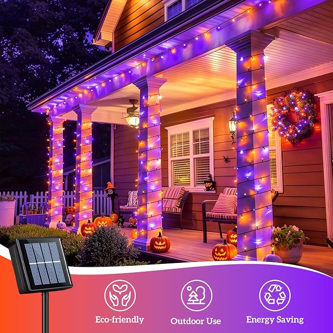 QITONG Solar Halloween String Lights, 2 Pack Each 33ft 100 LED Orange and Purple Led Lights Outdoor Waterproof, 8 Modes Christmas Solar Twinkle Lights for Patio Porch Decor