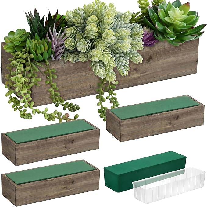 Dandat 4 Set Wood Boxes for Centerpieces 12x4 Inch Rectangle Wooden Planter Box Rustic Wooden Planters with Removable Plastic Liner Floral Foam Blocks for Christmas Wedding Home Garden Decor(Brown)