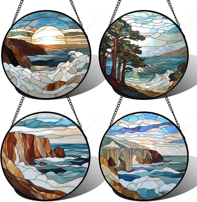 DASTOLL Stained Glass Window Hanging 4 Pcs Set Ocean Waves Large 15" - Blue and White Sea Suncatcher Door Garden Sun Catcher Decor Birthday Christmas for Mom Woman Nana Men