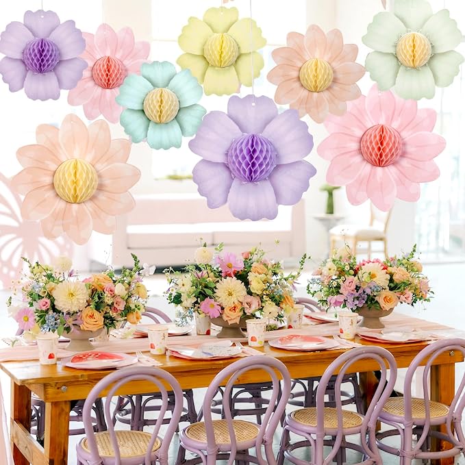 SUNBEAUTY 9 PCS Pastel Flower Party Decorations Flowers Honeycomb Fairy Birthday Party Decorations Pastel Hanging Flower Decorations for Women Birthday Spring Easter Garden Tea Party Baby Shower