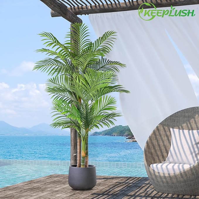 6ft Tall Triple Golden Cane Palm Artificial Tree Large Tropical Palm Tree UV Resistant Fake Plant in Pot for Indoor Outdoor Big House Living Room Outside Patio Office Home Decor 1Pack