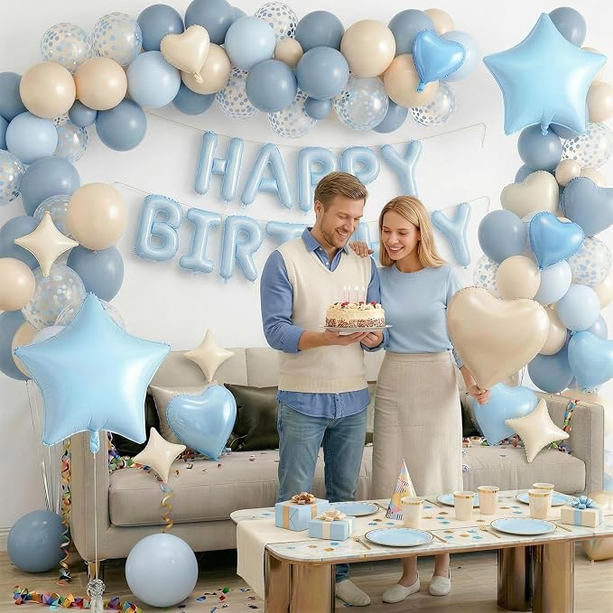 Dusty Blue Birthday Decorations for Boys Fog Baby Light Baby Blue Sand White Balloons Confetti Party Balloon Happy Birthday Banner Heart Balloons 18/10 Inch Star Balloon for Men Bday Party Supplies