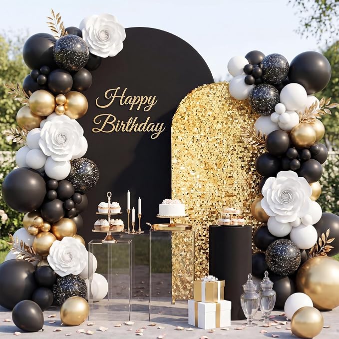 Black and Gold Arch Covers 7.2 and 6FT Sequin Arch Backdrop Cover Set of 2, Spandex Fitted Bling Sequin Arch Stand Covers for Birthday Party Ceremony Baby Shower Banquet Decoration