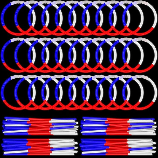 Meooeck 250 Pcs 8'' Memorial Day & 4th of July Glow Sticks Bulk with Connectors Red White Blue 3 Colors in 1 Glow in The Dark Sticks Light up Patriotic Bracelets Necklaces for Adults Independence Day