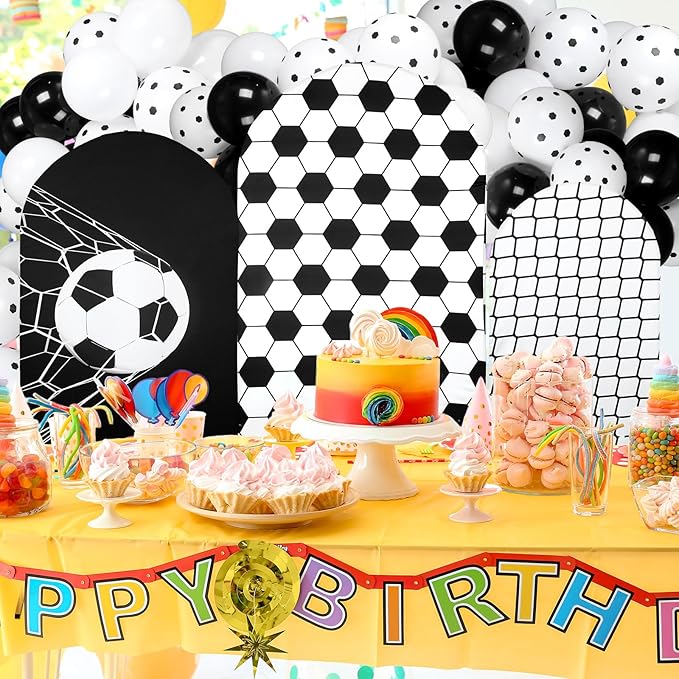 Foilswirl Spandex Arch Backdrop Cover 34 Pcs Soccer Birthday Background Decorations 4ft 5ft 6ft Soccer Arch Backdrop Covers Black White Balloons for Sport Game Football Birthday Party Decor