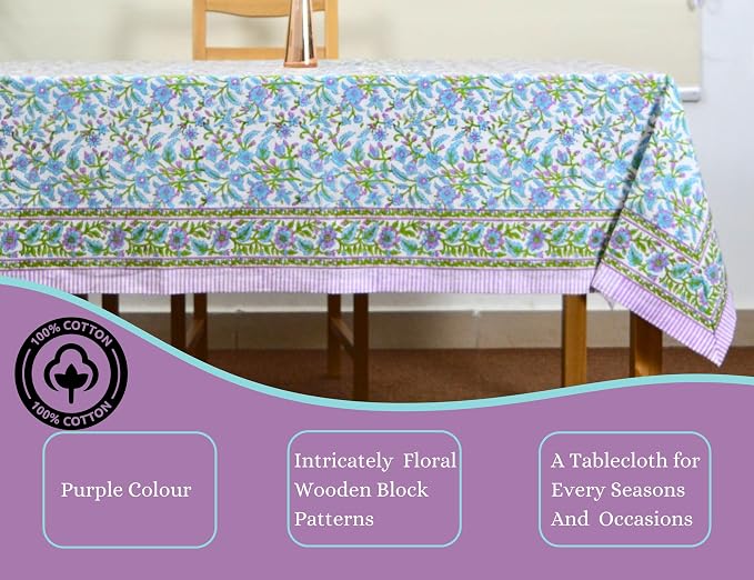Purple Block Print Table Cloth- 60x90 Inch Rectangle 100% Cotton Handmade Pre-Shrink, Washable for Spring, Kitchen & Dining Perfect for Chirstmas, Patio, Indoor & Outdoor, Farmhouse