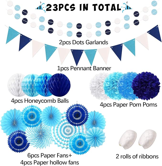 23Pcs Blue Birthday Party Decorations for Boys Men Navy Royal Light Blue Honeycomb Ball, Hanging Paper Fans, Pom Poms, Baby Shower Decorations Boy, Party Supplies 16th 18th 21th 30th 40th 50th