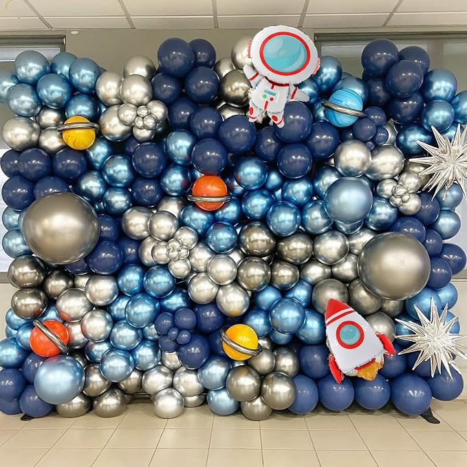 Outer Space Balloon Arch Garland Kit,119 PCS Navy Blue Metallic Silver Blue Balloon UFO Rocket Astronaut Balloons for Boys Kids Space Birthday Party Decorations