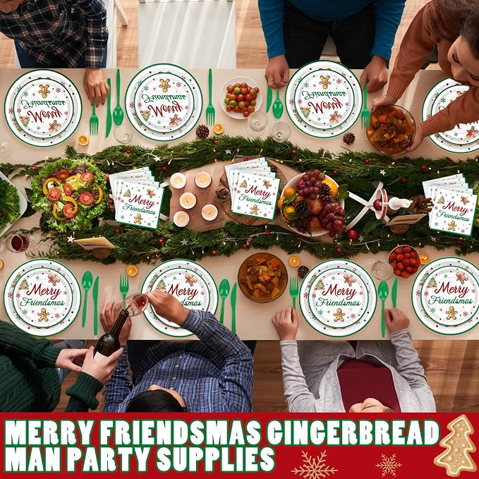 168 Pcs Merry Friendsmas Christmas Party Supplies Gingerbread Party Decorations Merry Friend Christmas Tableware Set Disposable Paper Plates Cup Utensils Serve 24 for Winter Holiday Parties