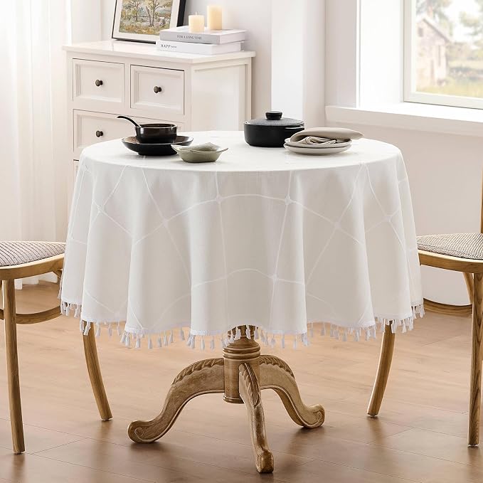 ZeeMart Boho Grid Table Cloth with Tassels (Off White, 60" Round), Heavy Weight Linen Checked Embroidered Farmhouse Tablecloth, Water Resistant Round Ivory Tablecloths