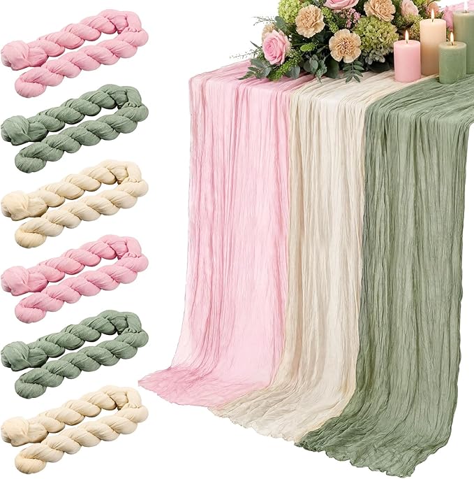 6 Pcs Sage Green and Pink Cheesecloth Table Runner Boho Gauze Cheese Cloth Runner 118" Rustic Table Decor for Engagement Wedding Bridal Baby Shower Birthday Party Home Arbor Decorations