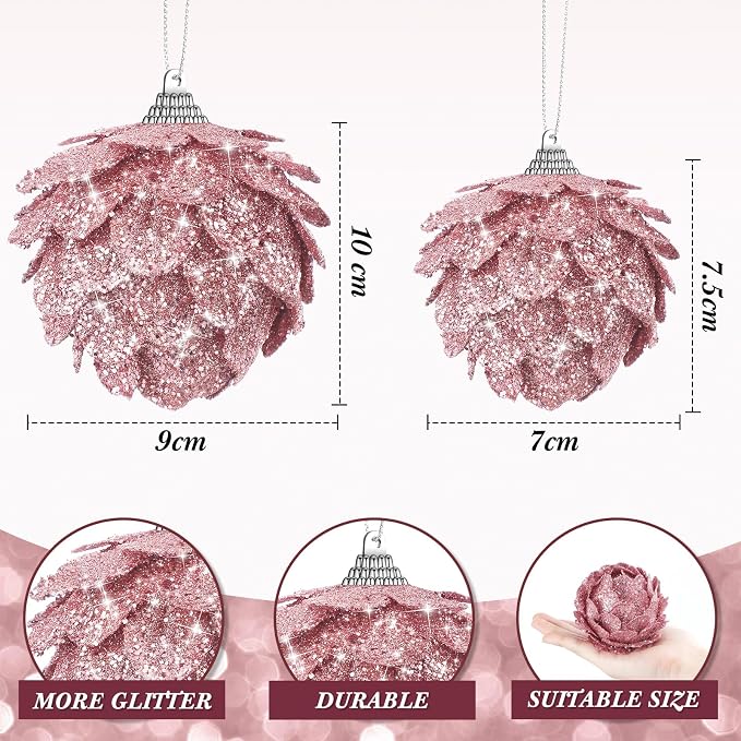 Sratte 8 Pcs Valentine Ball Ornaments Artificial Pinecone Hanging Ornaments Glitter Winter Faux Flower for Xmas Decor, 3.15/2.36 Inch(Rose Gold)