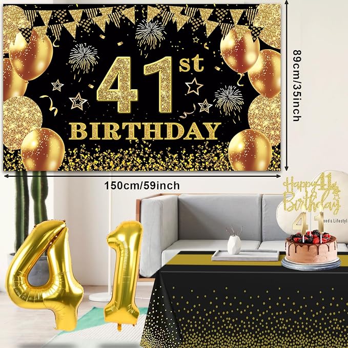 41st Birthday Decorations Men Women with 41st Birthday Banner, Black and Gold Table Cloth, Number Balloons, Large Sash, Cake Topper and Candles
