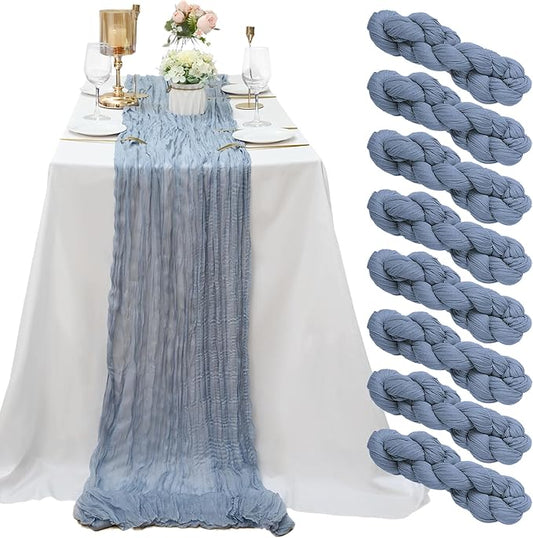 8 Pack Dusty Blue Cheesecloth Table Runner 10Ft Gauze Cheese Cloth Table Runner 35x120Inch Romantic Boho Table Runners for Wedding Anniversary Birthday Party Bridal Baby Shower Engagement Table Decor